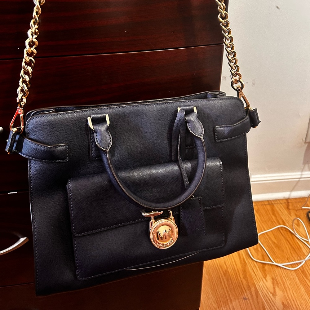 Black Leather Handbag with Gold Accents